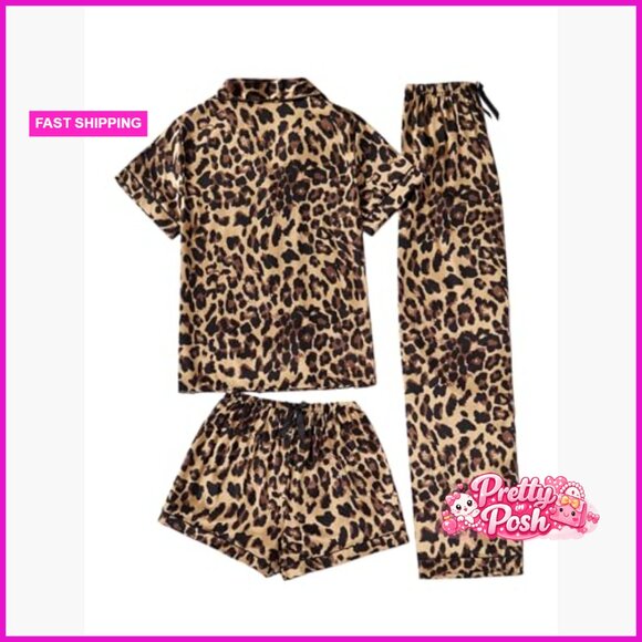3 Piece Leopard Print Pajama Set Button Down Short Sleeve with Shorts and Pants - Picture 4 of 7